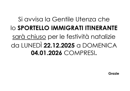 Chiusura natalizia Sportello Immigrati Itinerante