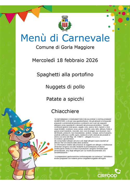 Servizio di refezione scolastica, scuola primaria De Amicis, Menù di Carnevale 2026