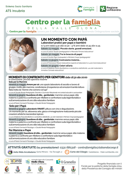 Attività del centro per la famiglia della Valle Olona, rivolte a famiglie con bambini 0-6 anni: laboratori pratici e momenti di confronto per genitori.