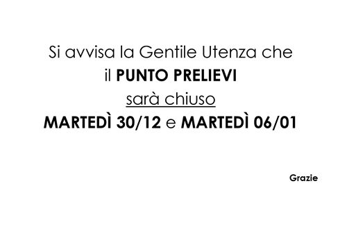 Chiusura natalizia Punto Prelievi